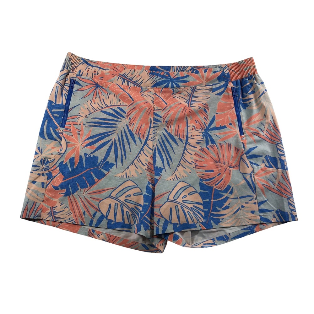Columbia PFG Tropical Palm Print Shorts Womens 2X Blue Coral Zipper Pockets